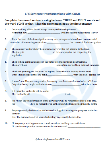 Sentence transformations using expressions with 'come'